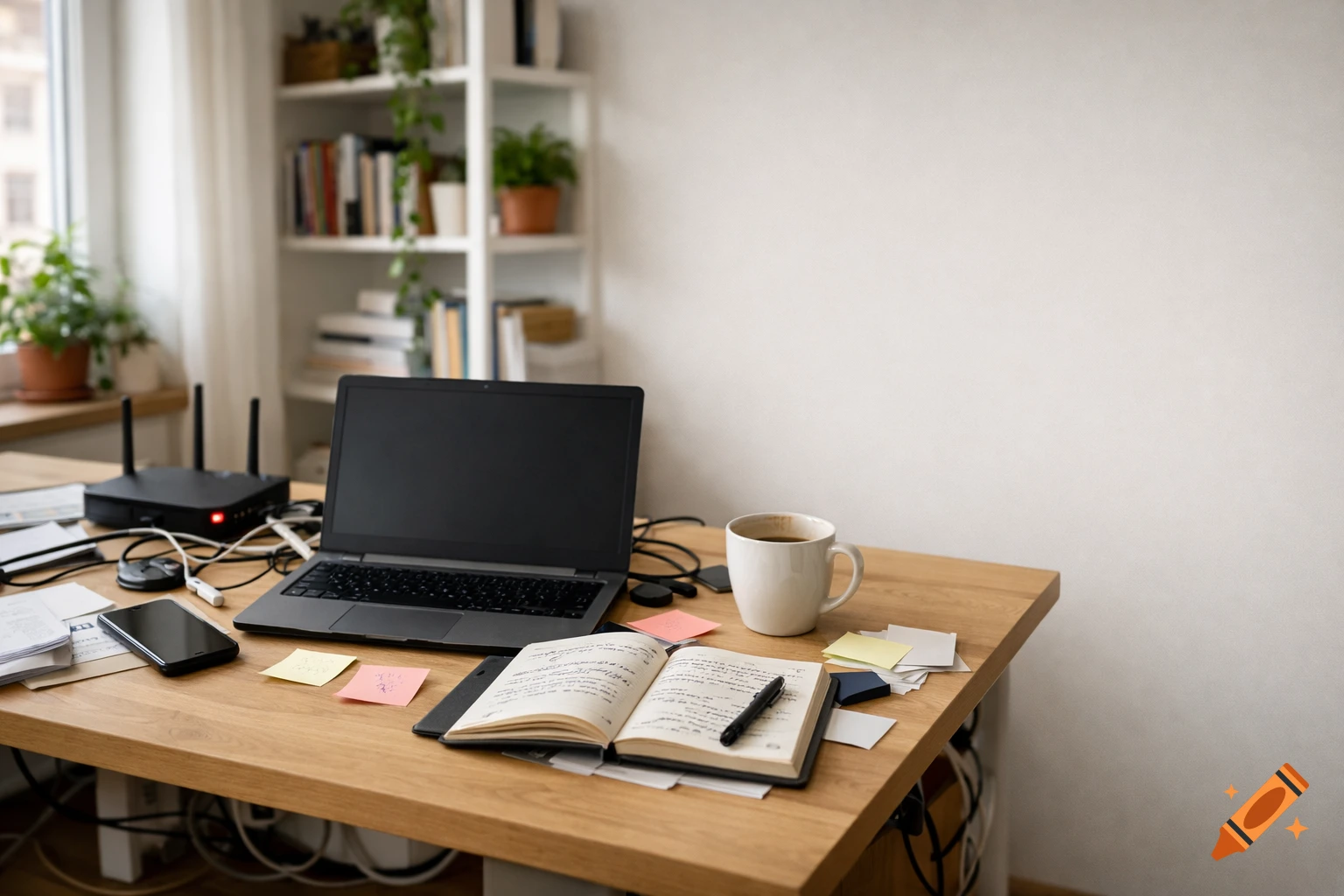 A messy home office desk with a black laptop, router, smartphone, open notebook with handwritten notes, and a coffee mug.