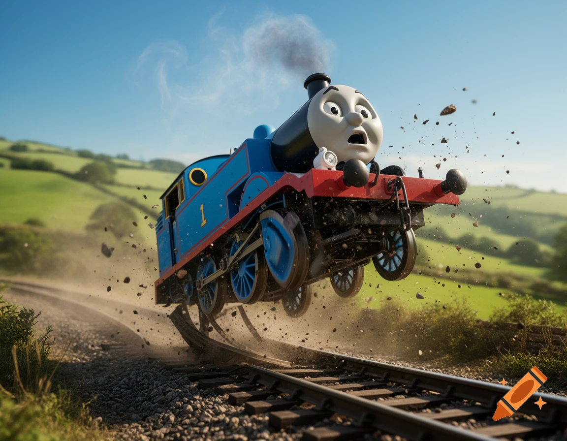 Thomas the Tank Engine crashes off the railway tracks, with dirt and debris flying, in a green countryside.