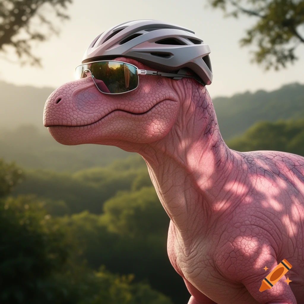 A pink dinosaur wearing a cycling helmet and reflective sunglasses looks left in a lush forest.