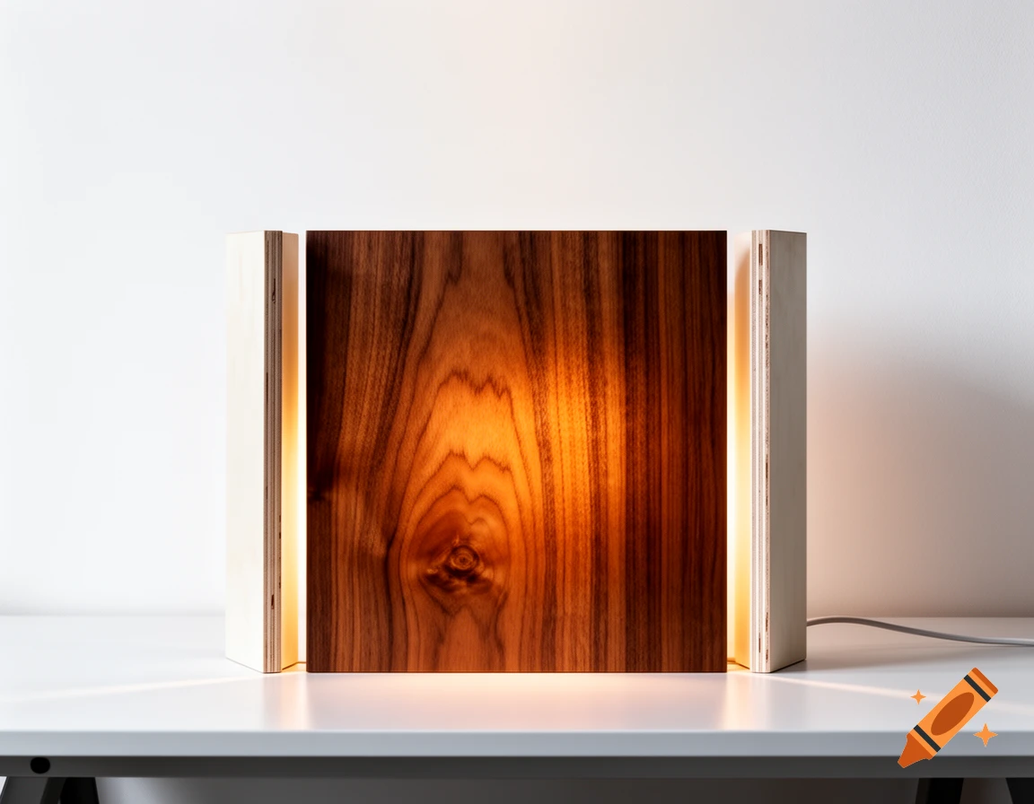A modern lamp with a dark walnut wood front panel and light multiplex wood side panels, glowing brightly from the sides, on a white table.