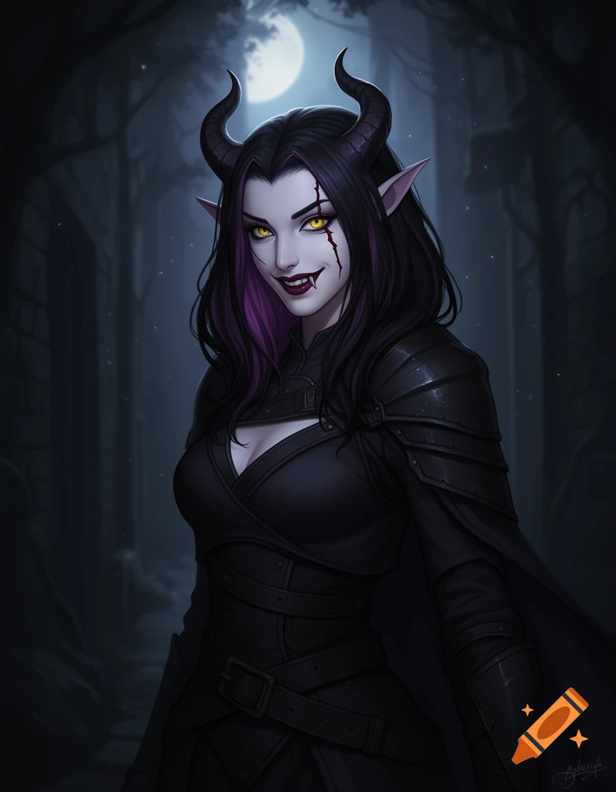 Digital painting of a cunning tiefling-like woman with dark horns ...