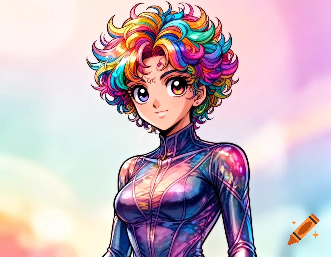 An anime-style girl with short, curly rainbow hair and heterochromia, wearing a shiny, iridescent purple and blue suit, smiles against a pastel background.