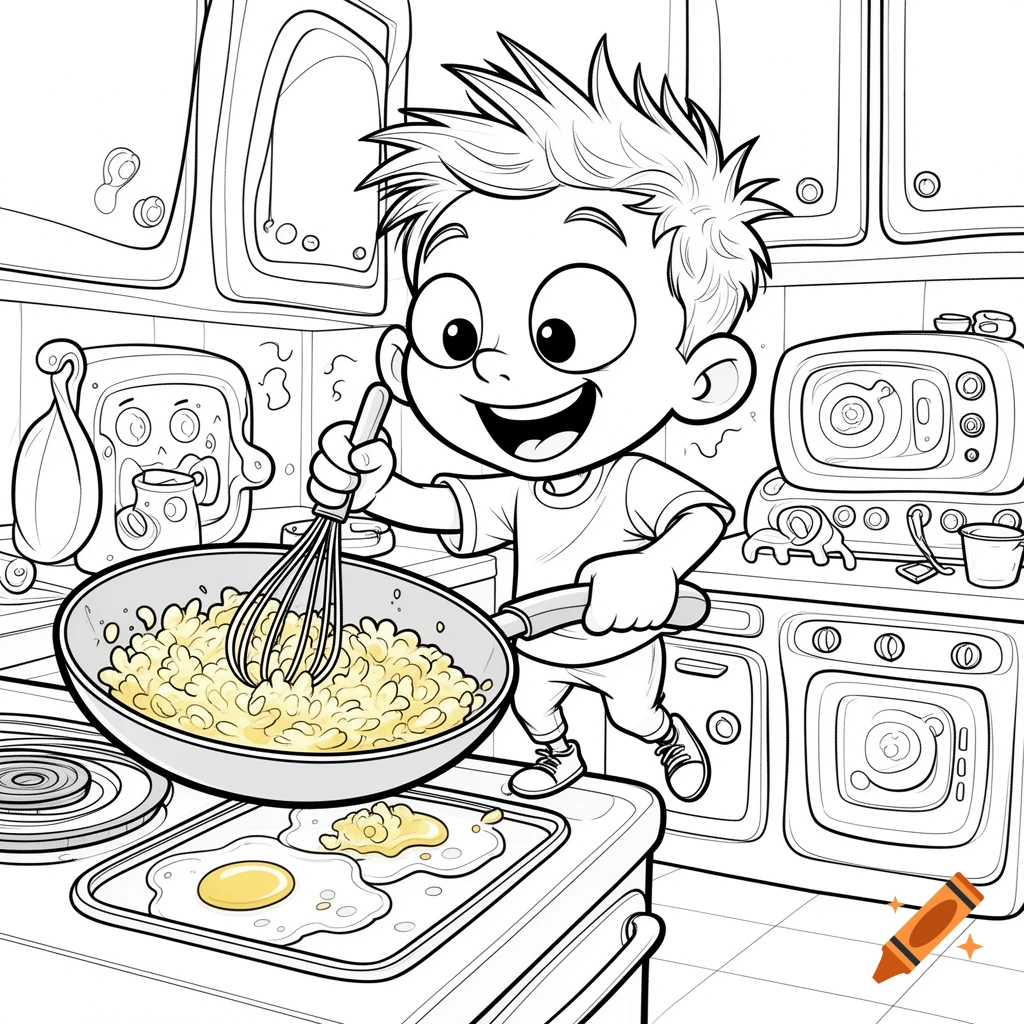 A smiling cartoon boy with spiky hair whisks scrambled eggs in a pan, with fried eggs on a tray nearby, in an outline-style kitchen.