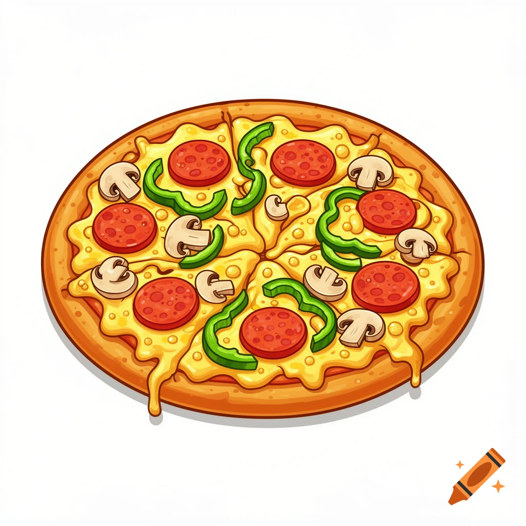 Cartoon pizza with pepperoni, mushrooms, and green peppers on a white background.