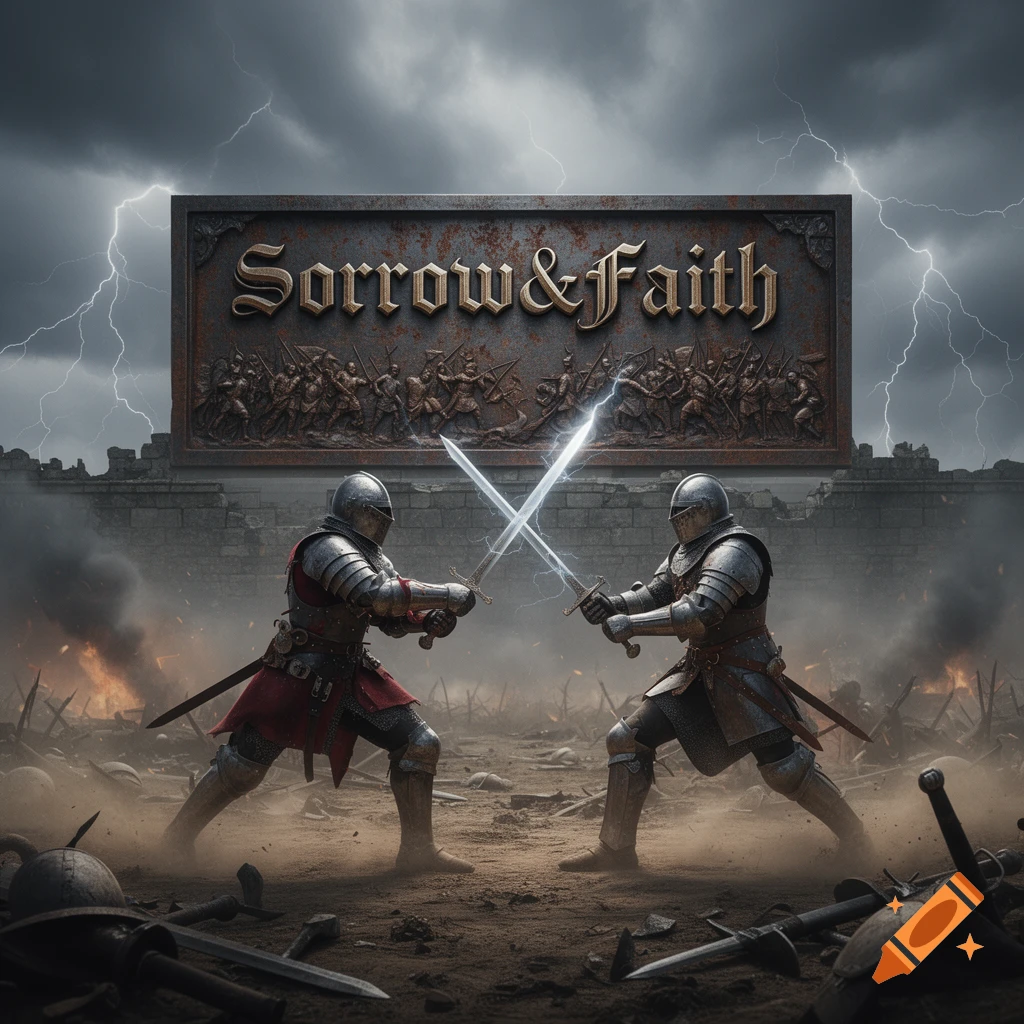Two armored knights clash swords on a smoke-filled battlefield under a stormy, lightning-streaked sky, with a sign reading 'Sorrow & Faith' in the background.