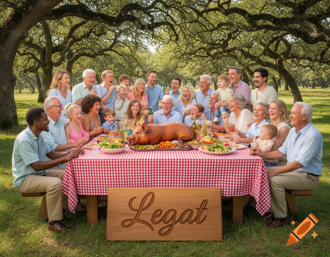 A large, diverse family enjoys a picnic with a roasted pig under trees in a grassy park, a sign with 'Legat' in front.