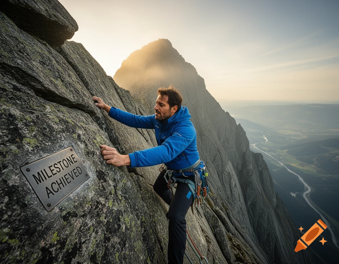 A man in a blue jacket rock climbs a steep mountain face, passing a plaque reading "MILESTONE ACHIEVED," with a valley and sunset in the background.