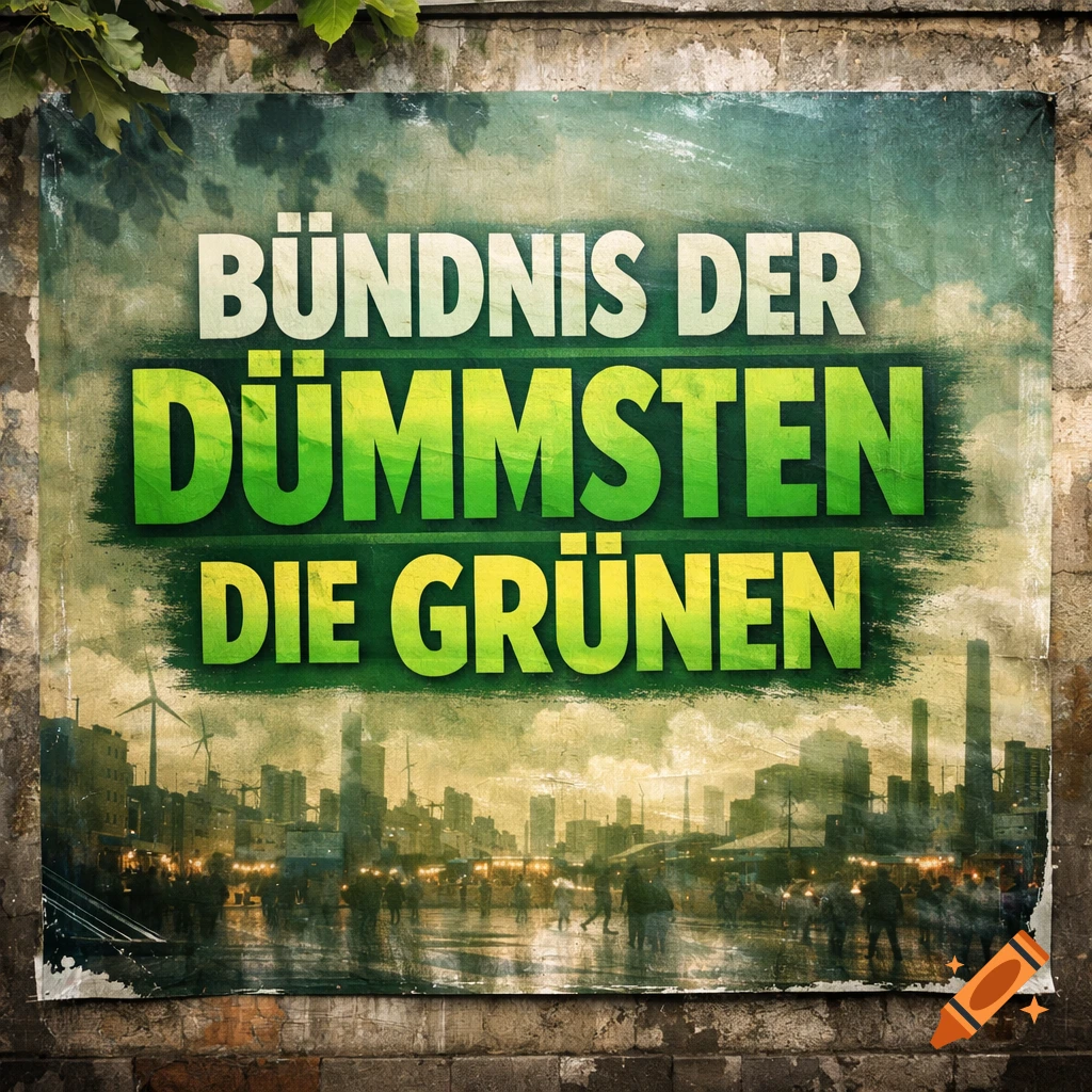 A distressed German political poster on a wall reads "Alliance of the Dumbest, the Greens" above a blurred cityscape.
