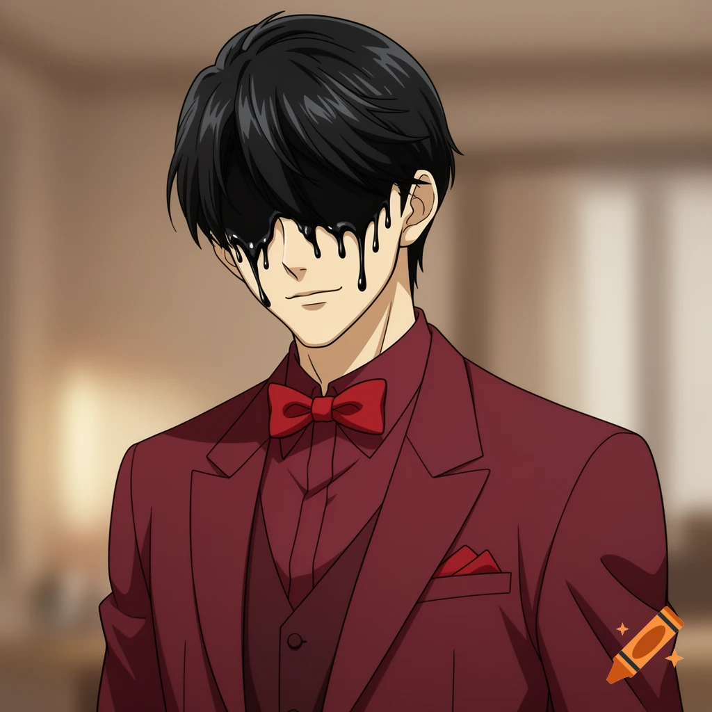 Anime male character in a maroon suit and red bowtie with black liquid dripping from his eyes.