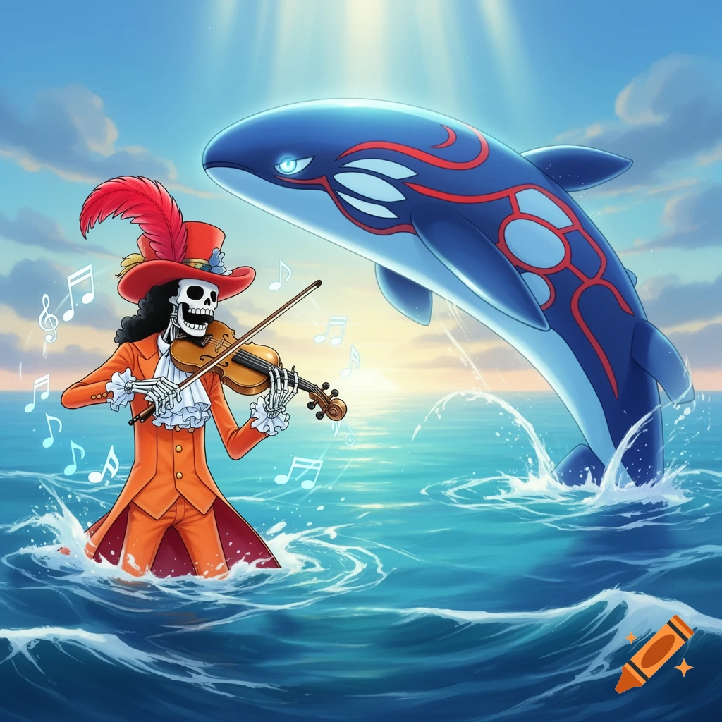 Brook from One Piece, a skeleton in an orange suit, plays violin in the ocean as Kyogre, a blue Pokémon, leaps from the water.