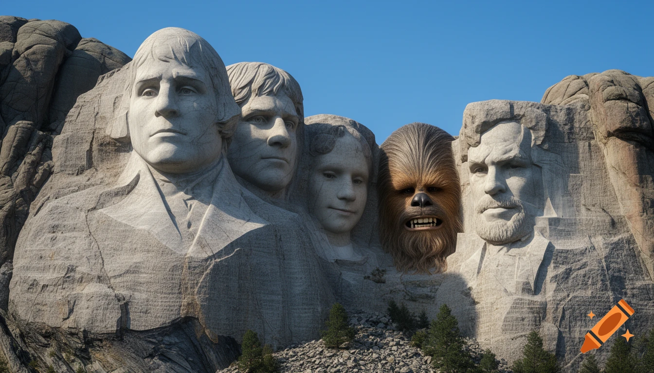 Mount Rushmore with Luke Skywalker, Princess Leia, Han Solo, and Chewbacca carved in weathered gray granite.