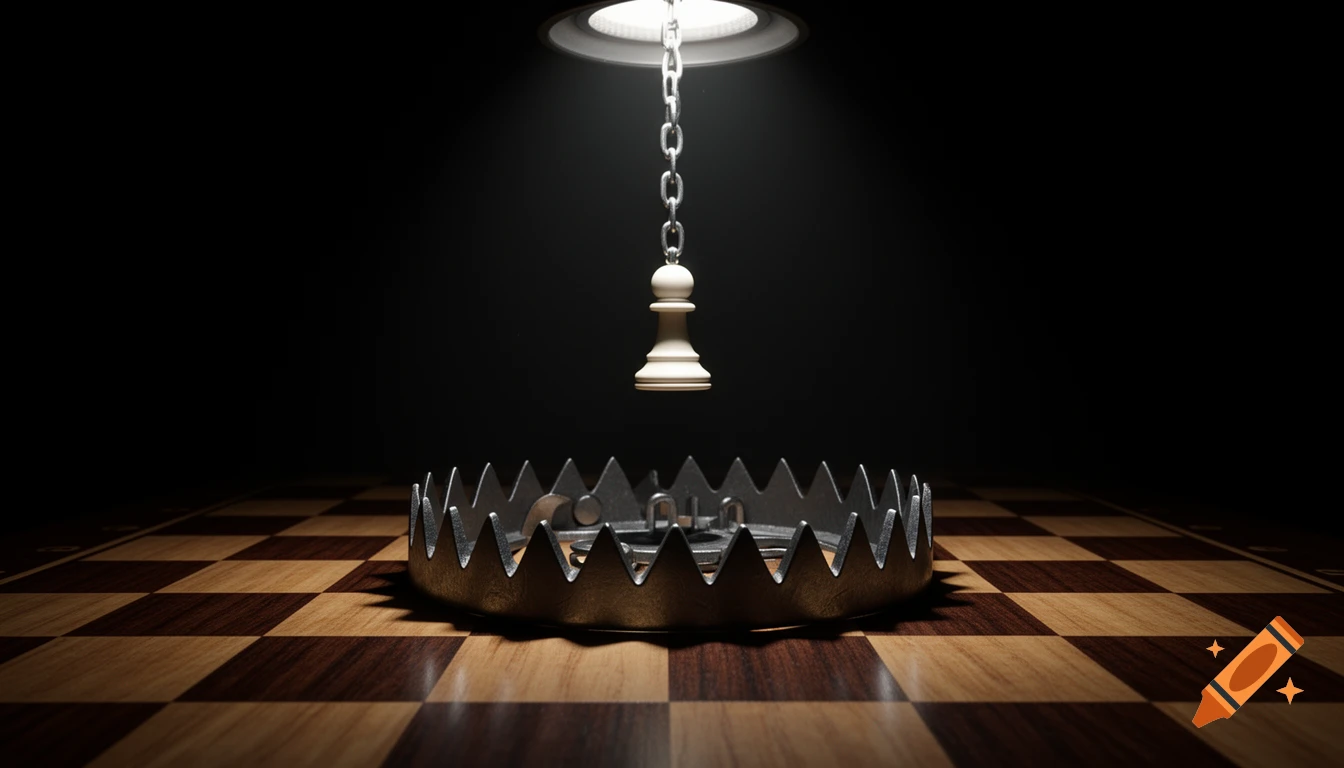 A white chess pawn hangs by a chain over a set bear trap on a dark chessboard, dramatically lit.
