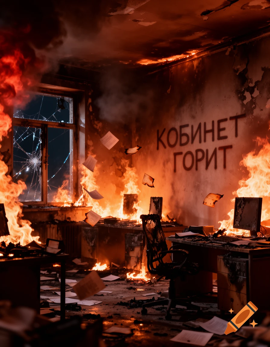 A devastated office room engulfed in raging fire and thick smoke, with the words "THE OFFICE IS BURNING" on the wall.