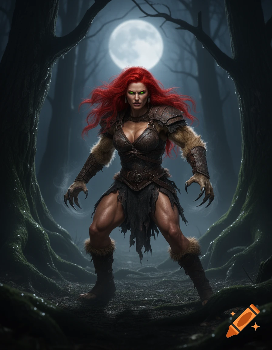 A muscular red-headed female werewolf in barbarian armor stands menacingly in a dark, misty forest under a full moon.