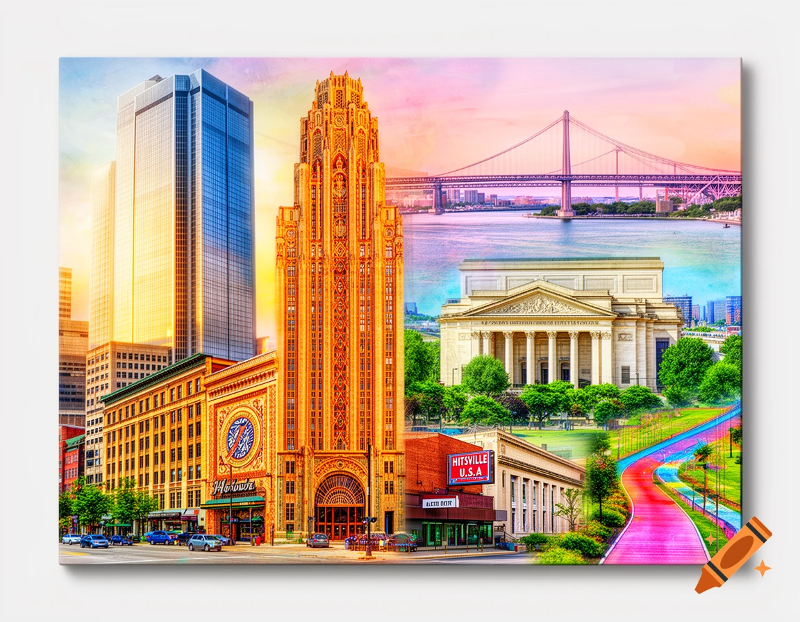 A vibrant art print collage showcasing iconic Detroit landmarks, including skyscrapers, a historic theater, the Hitsville U.S.A. building, a bridge over water, and a colorful park pathway, under a gradient sky.