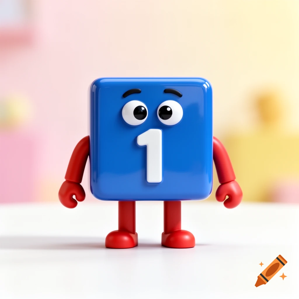 A shiny blue square block character with a white number 1, googly eyes, and red limbs stands upright.