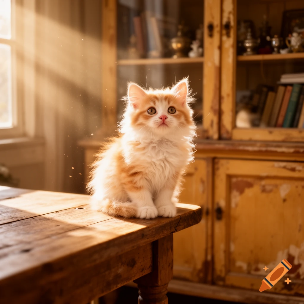 A fluffy orange and white kitten sits on a rustic wooden table, bathed in warm sunlight filtering through a window.