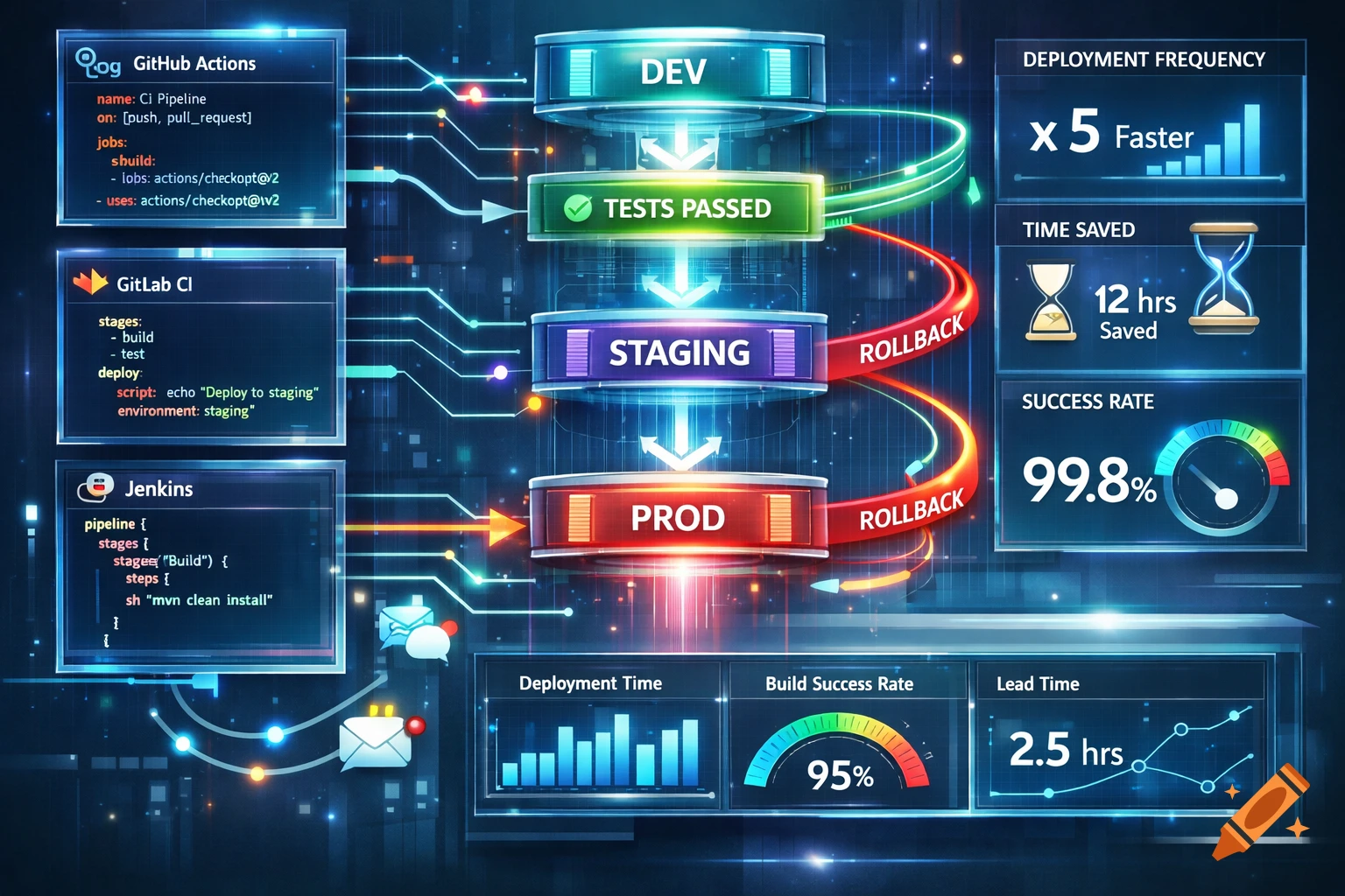 A vibrant CI/CD pipeline diagram showing stages like DEV, TESTS PASSED, STAGING, and PROD, with rollback mechanisms.