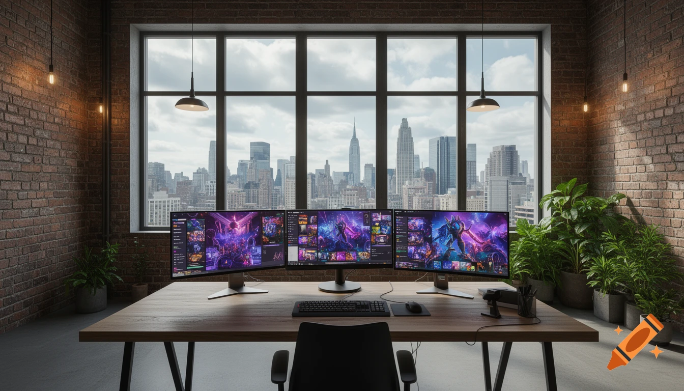 A modern desk with three computer monitors displaying colorful game interfaces in a brick-walled room overlooking a city skyline.