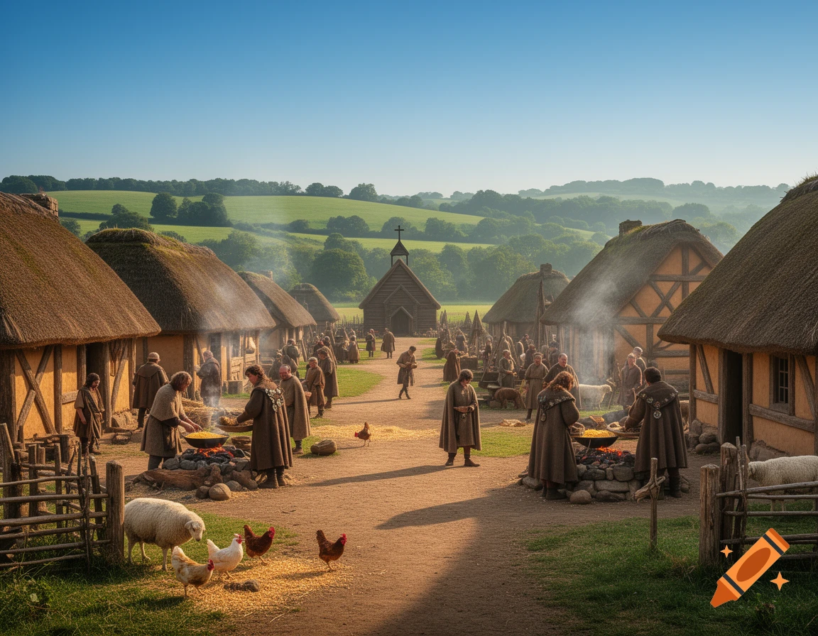 A busy Anglo-Saxon village scene with thatched-roof houses, people cooking over fires, and farm animals under a clear sky.
