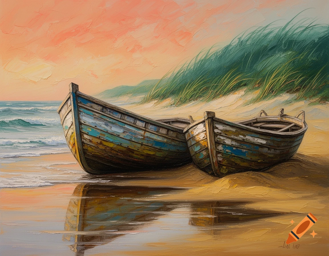 Palette knife painting of two old wooden fishing boats on a wet sandy shore at sunrise, with grassy dunes and calm sea.
