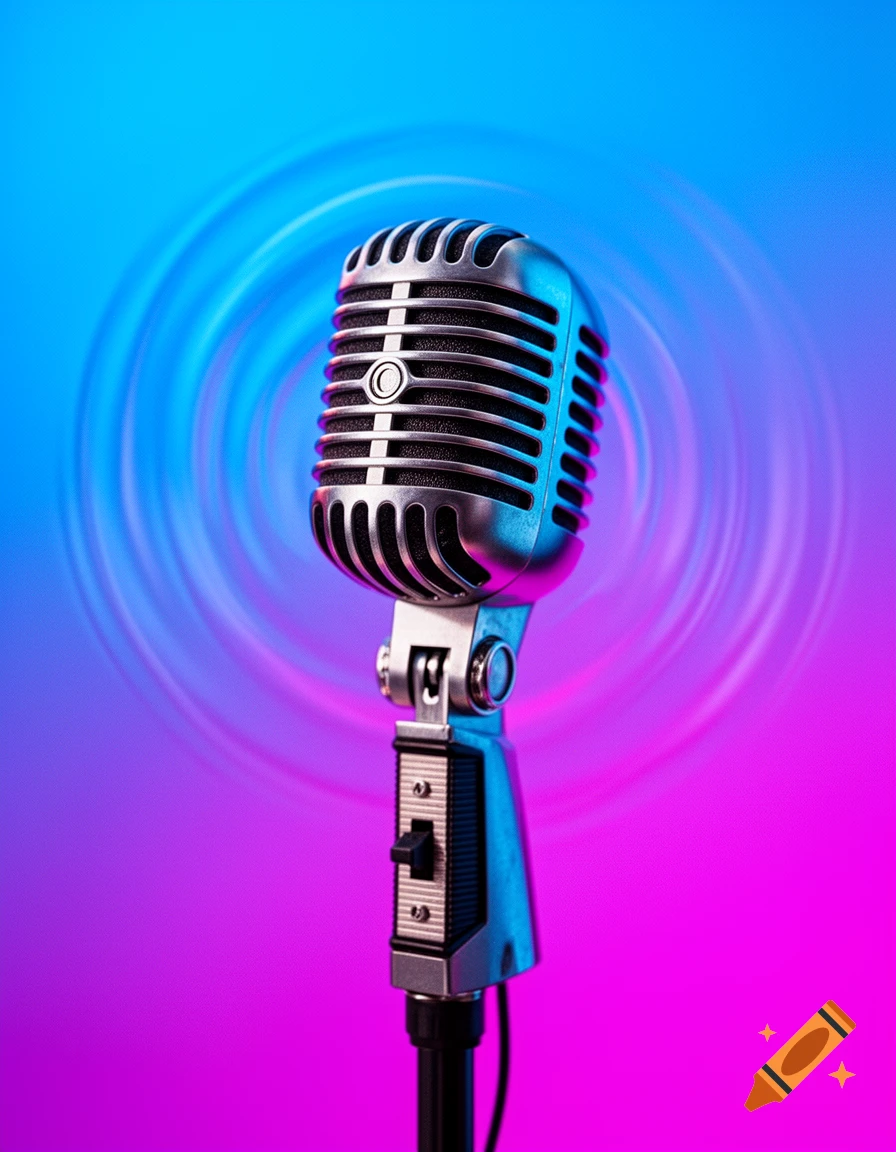 A vintage silver microphone stands against a vibrant blue and pink gradient background with subtle sonic ripples, photorealistic.
