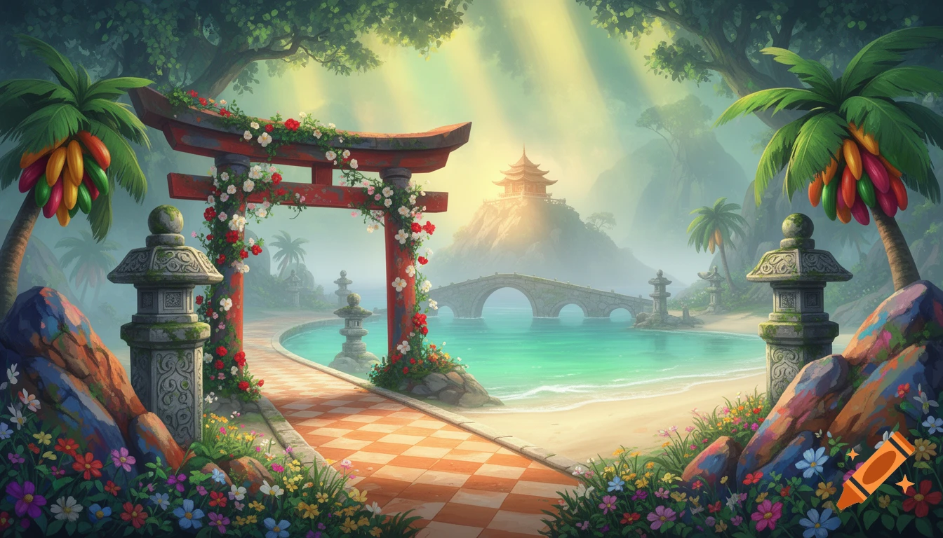 A vibrant anime fantasy landscape featuring a red torii gate, stone lanterns, and colorful flowers on a sandy beach with turquoise water, leading to a distant temple.