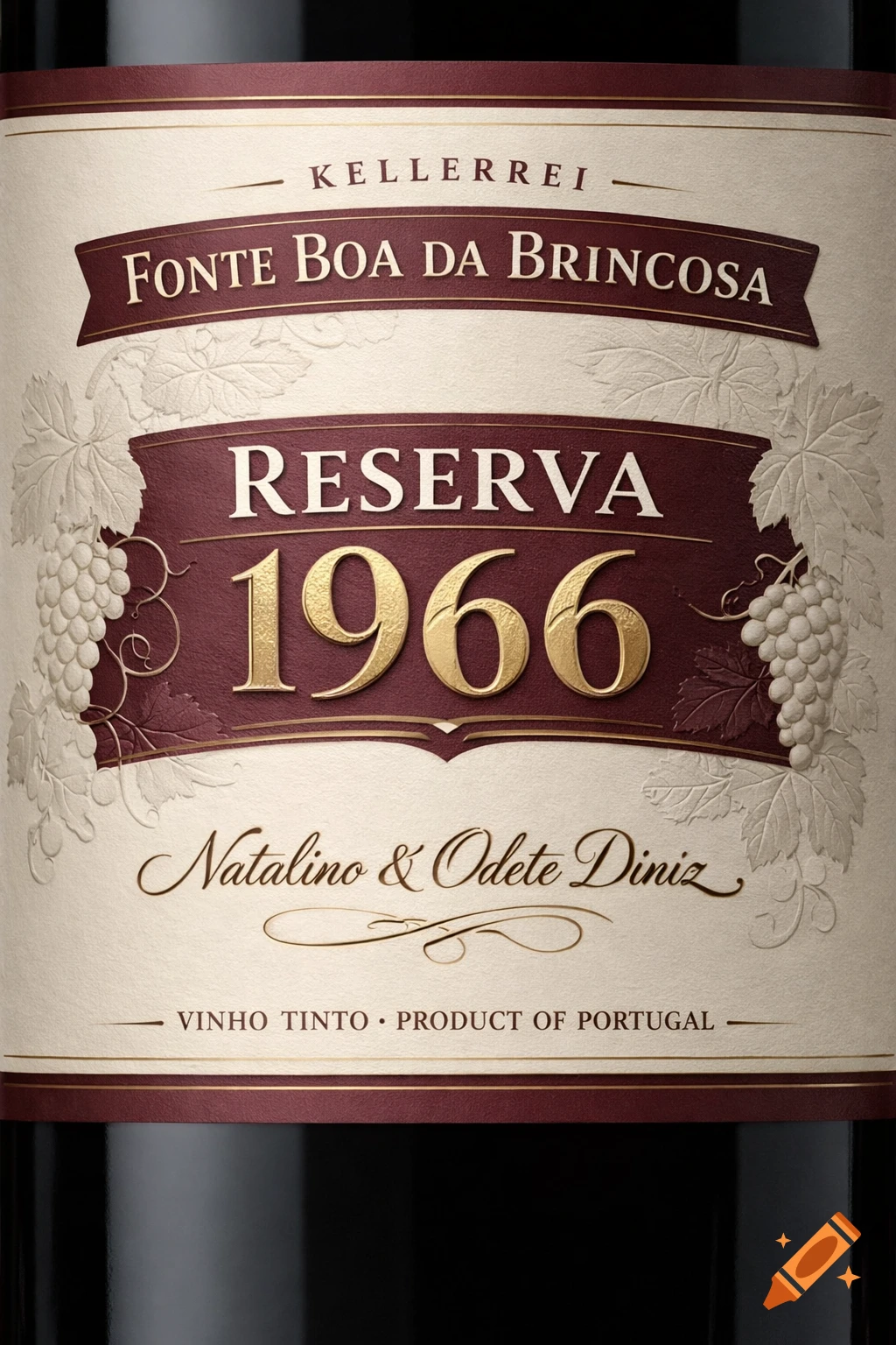 Elegant wine label for 'Fonte Boa da Brincosa Reserva 1966' red wine, with gold text and embossed grapevines.