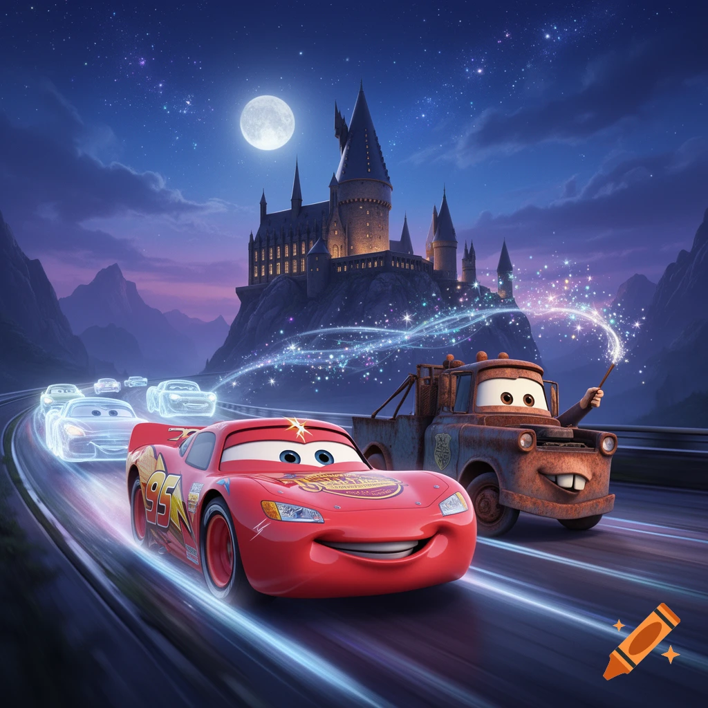 Lightning McQueen and Mater from Disney Cars speed past Hogwarts Castle at night, with Mater casting a spell.