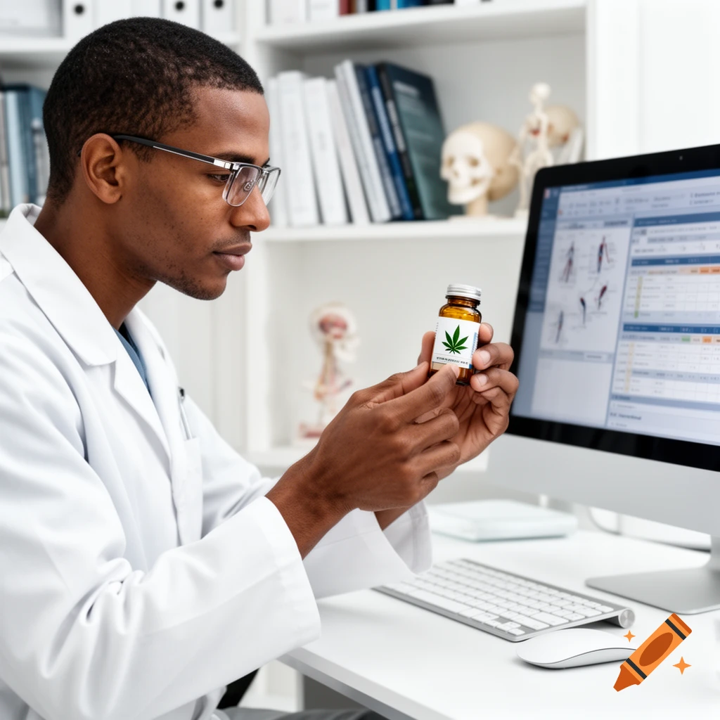 A male doctor in a lab coat examines a bottle with a cannabis leaf label in a medical office setting.