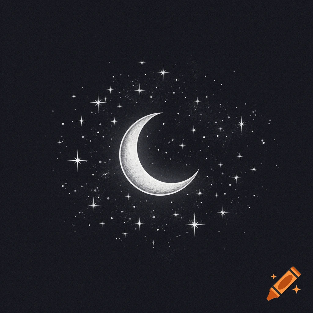Fineline illustration of a white crescent moon surrounded by a cluster of stars and dots on a dark, grainy background.