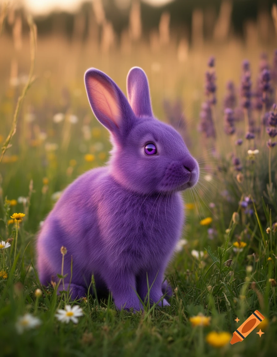 A vibrant purple rabbit with glowing purple eyes sits in a grassy field filled with wildflowers and lavender under warm sunlight.