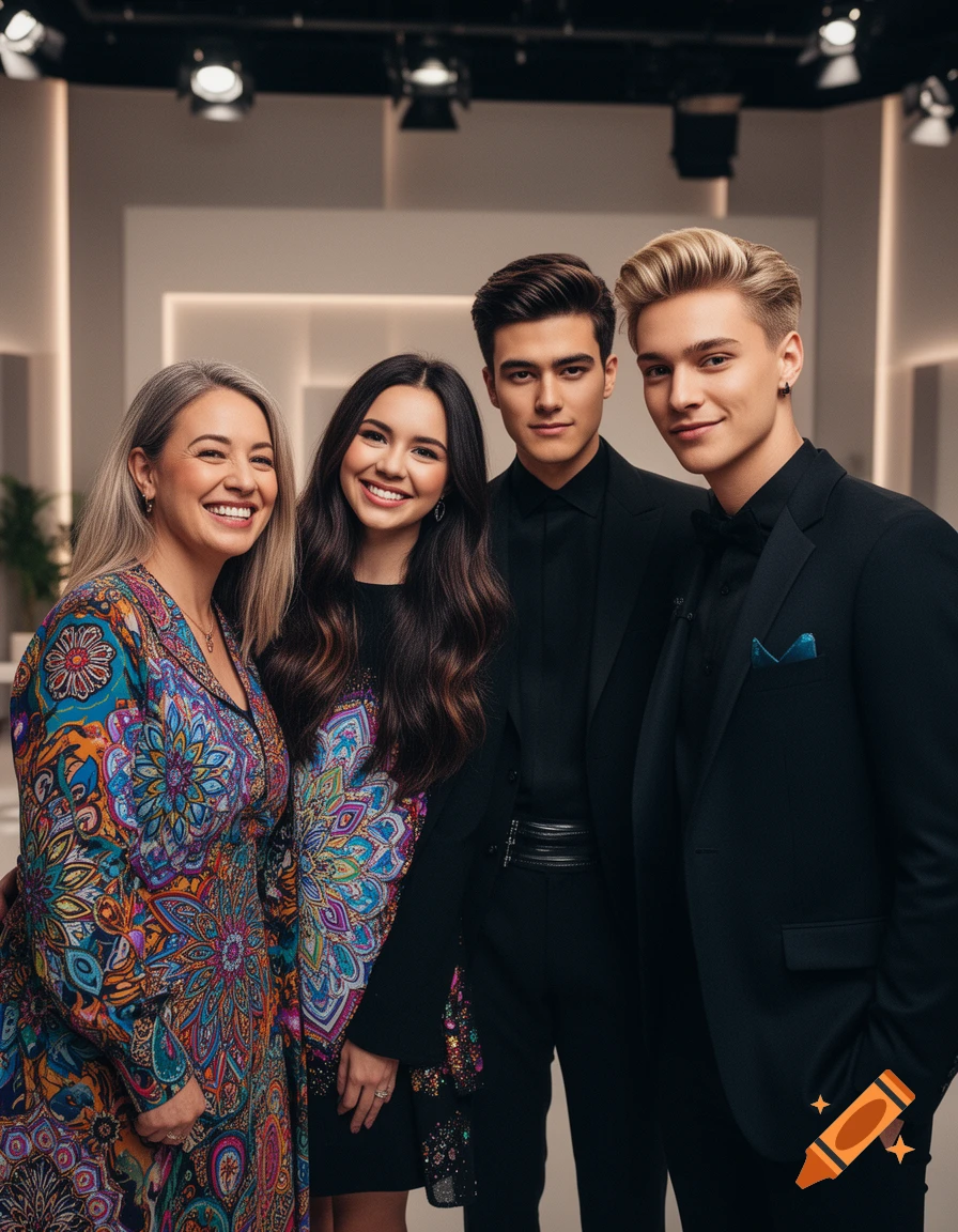 Four smiling people, two women in patterned dresses and two men in dark suits, pose in a well-lit photorealistic studio.