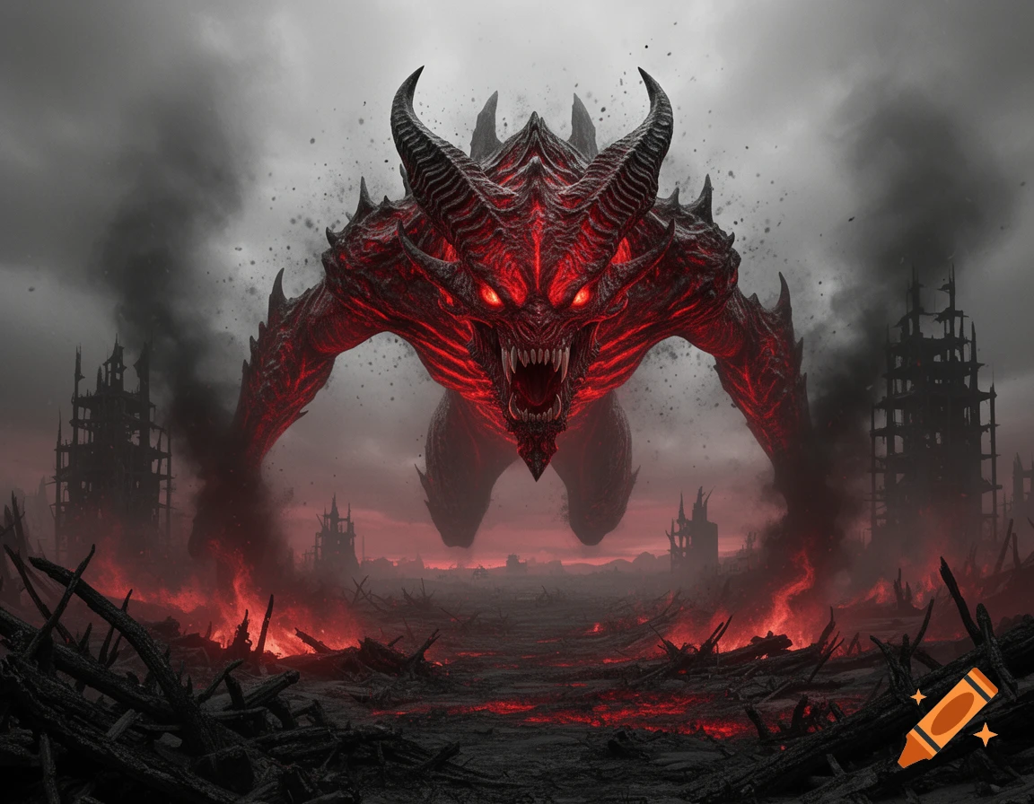 A menacing red cacodemon with glowing eyes hovers over a burning, ruined landscape with destroyed buildings under a stormy sky.