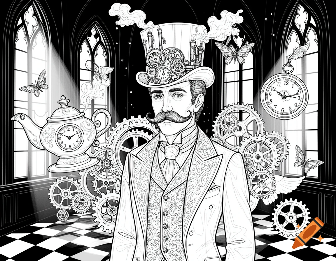 Black and white coloring book page of a Victorian steampunk man with a mustache and top hat, surrounded by clocks and gears.