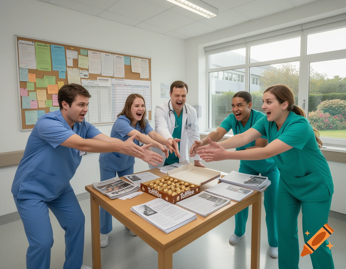 Five medical professionals, two in blue scrubs and three in green, laugh and reach excitedly towards a box of Toffifee on a table in a bright staff room, as if vying for the candy.