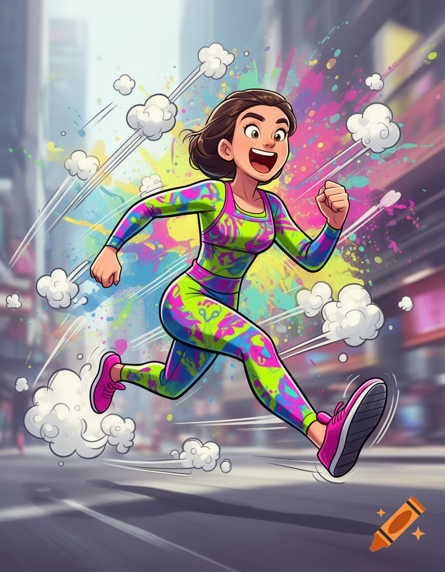 A dynamic cartoon woman runs in a vibrant, patterned yoga outfit, surrounded by colorful splatters and motion lines in an urban setting.