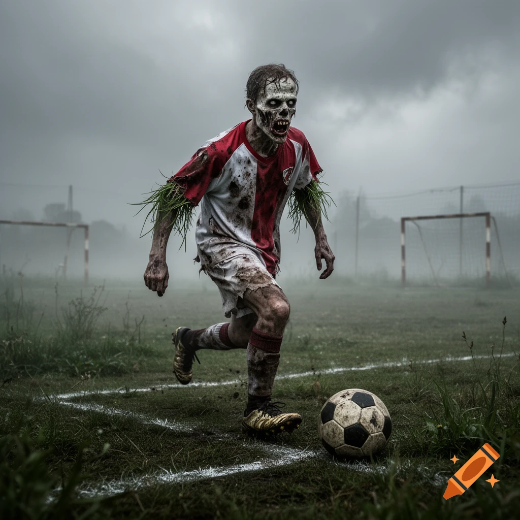 A zombie in a dirty red and white soccer uniform runs on a misty, overgrown soccer field next to a ball, with goalposts in the background.