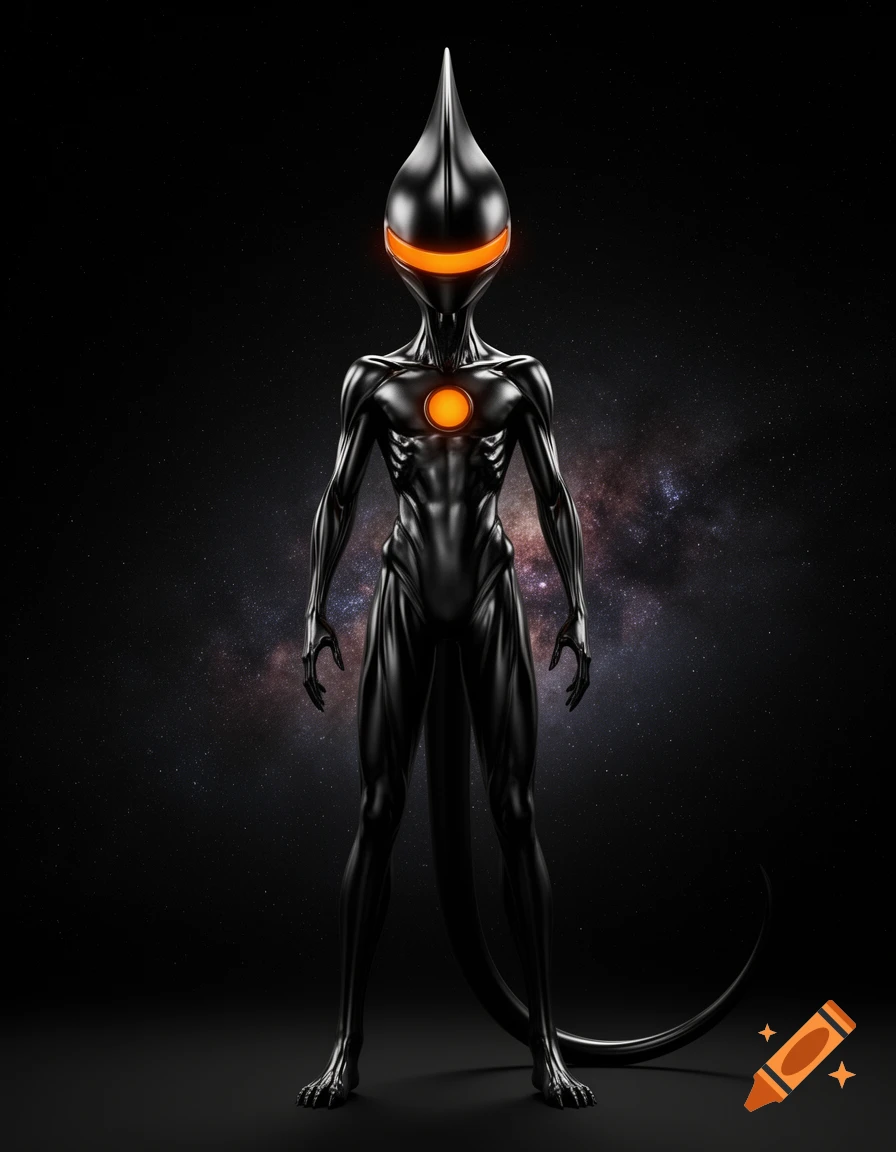 A sleek, black metallic alien with a pointed head and glowing orange eyes and chest orb, standing against a dark starry background.