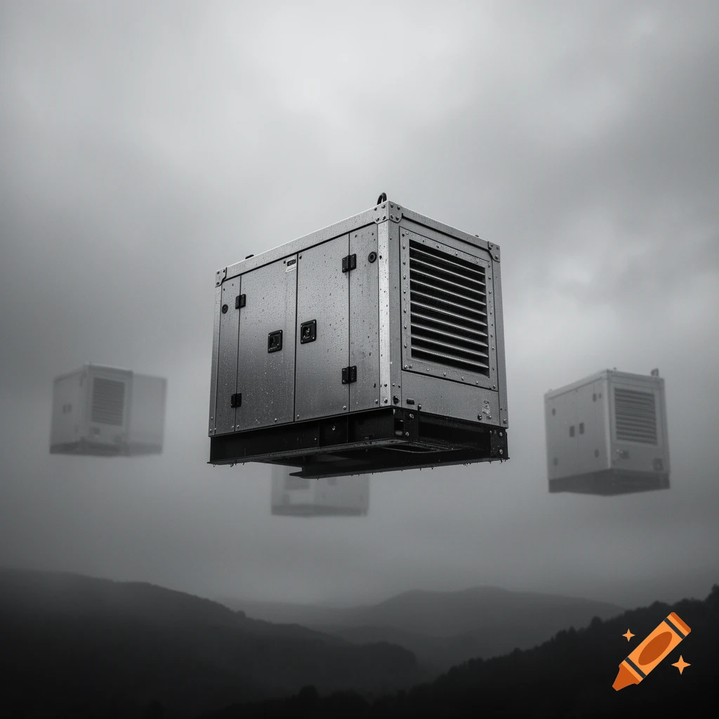 Several metallic industrial generators float in a cloudy sky above misty mountains in a monochromatic, surreal photo.