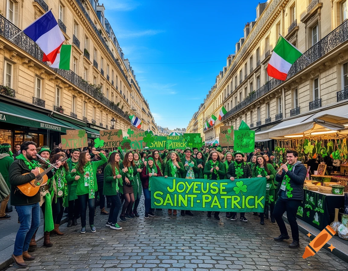 A lively St. Patrick's Day parade in a European city street, with people dressed in green, holding a banner that reads "Joyeuse Saint-Patrick".