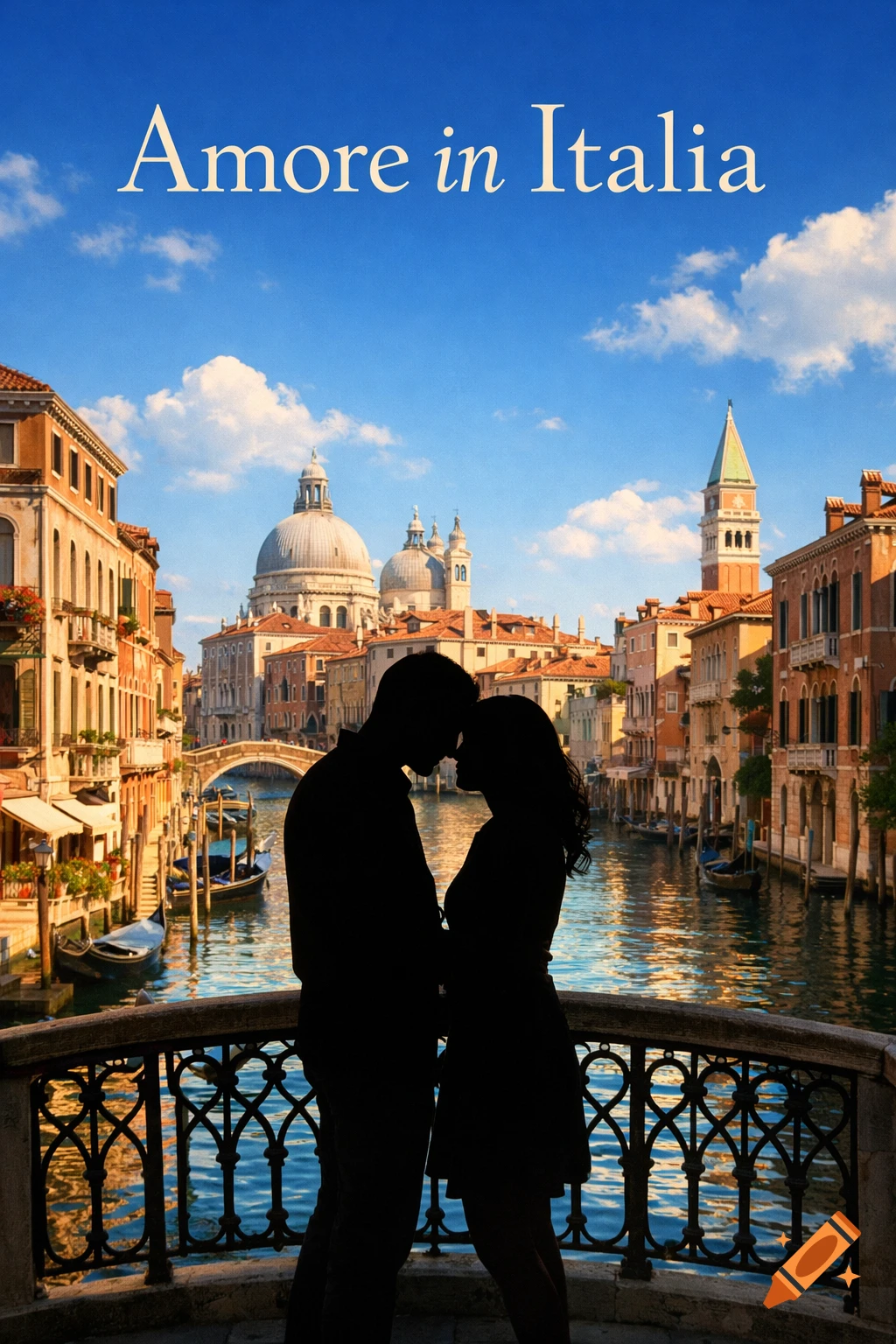 Silhouetted couple embracing on a bridge in Venice with canals, historic buildings, and a church under a blue sky, with text "Amore in Italia".