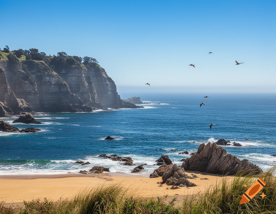Sunny coastal landscape with rugged cliffs, a sandy beach, blue ocean with gentle waves, and birds flying in a clear sky.