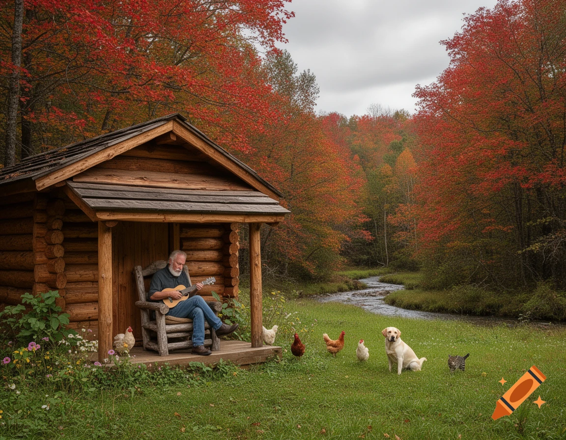 An old man plays a ukulele on a rustic log cabin porch, surrounded by chickens, a dog, a cat, and vibrant autumn trees by a winding stream.