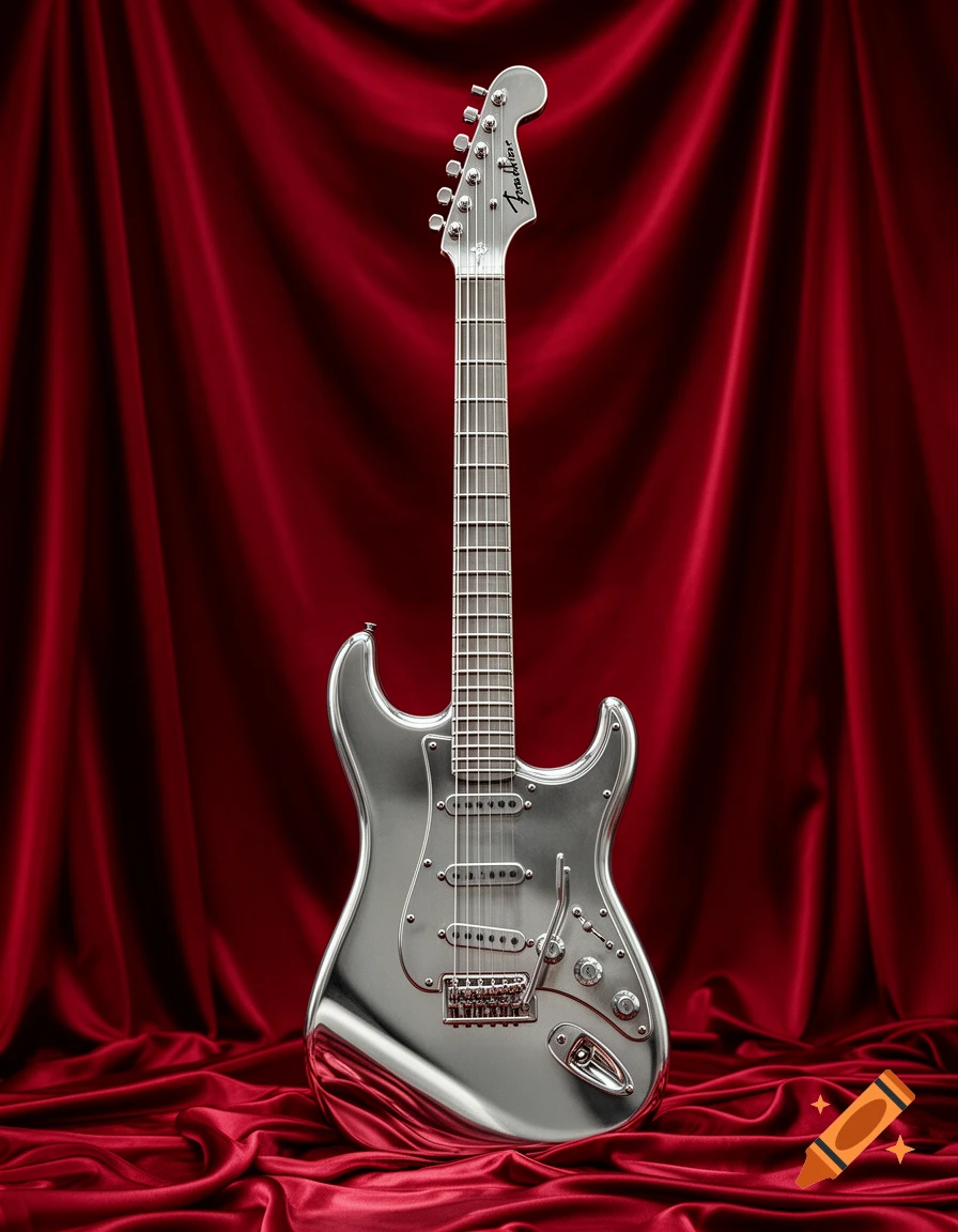 A shiny chrome Fender Stratocaster electric guitar stands vertically against a draped red silk background.