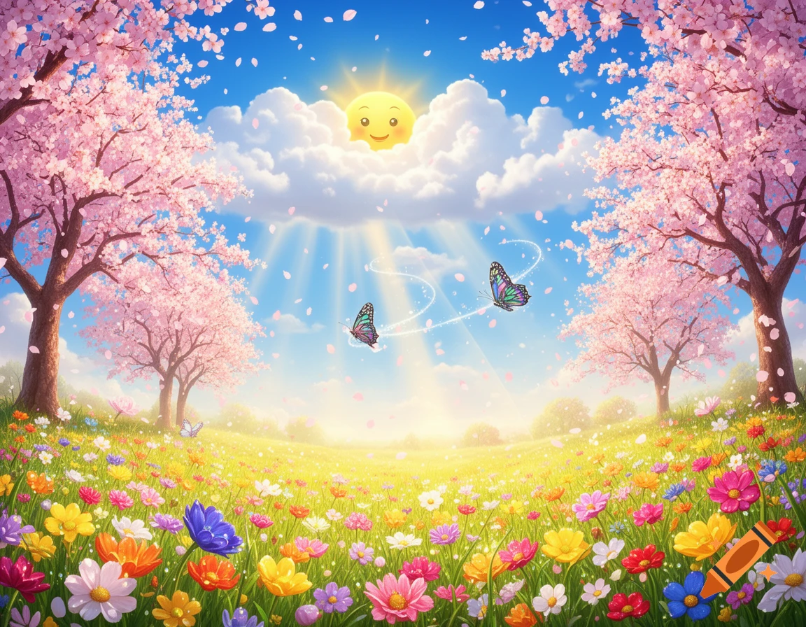 Whimsical spring meadow with colorful flowers, pink cherry blossom trees, butterflies, and a smiling sun in a blue sky.