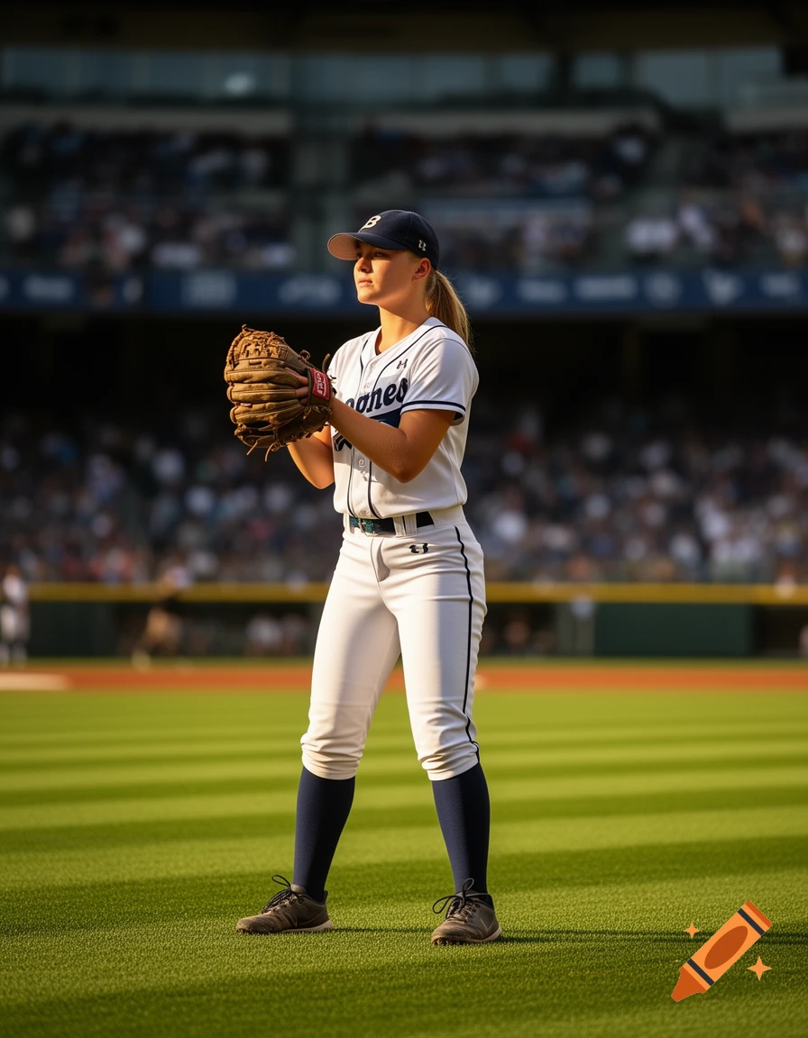 A female softball player stands on a sunny green field, holding a glove, with a stadium visible in the background.