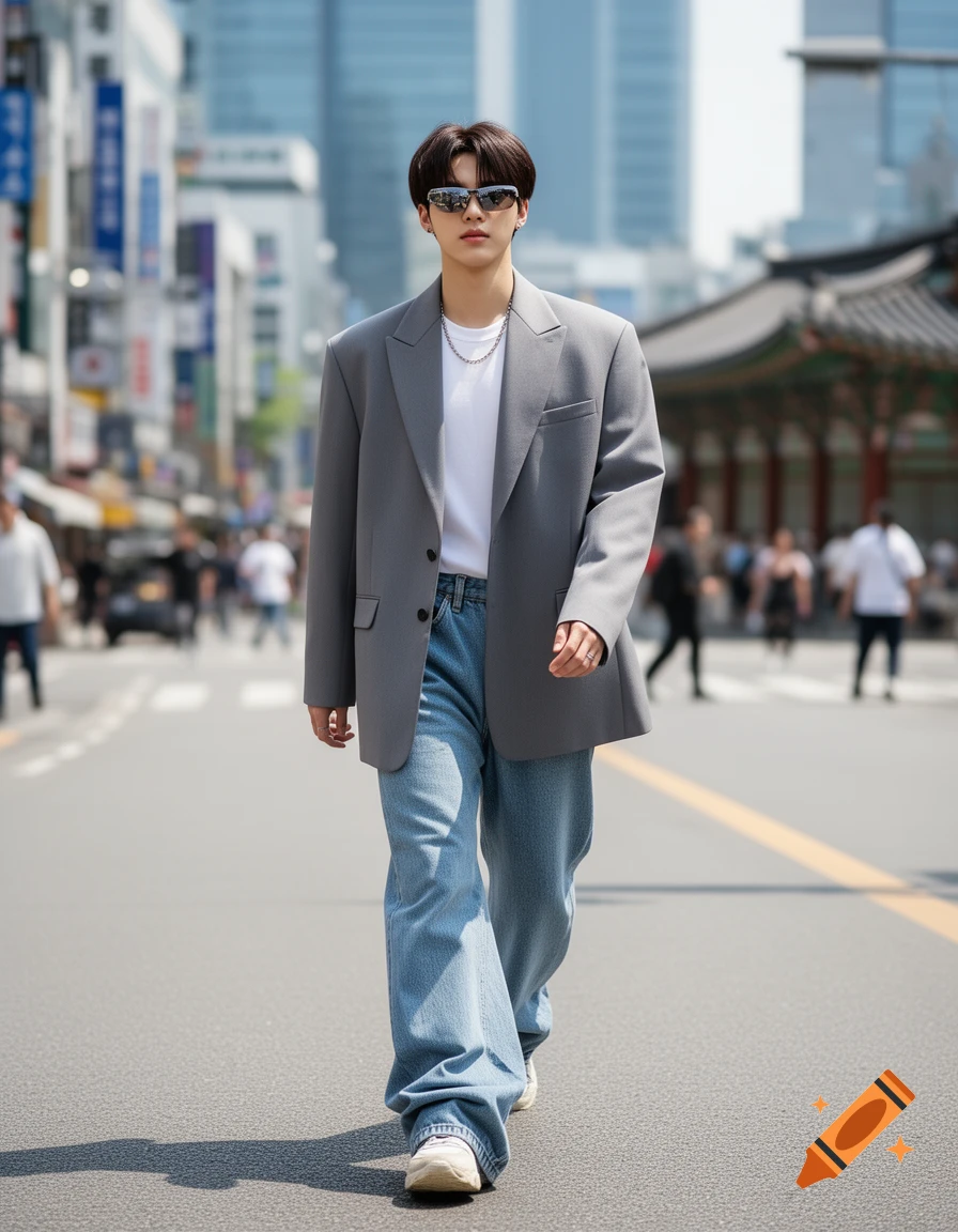A young man in a gray oversized blazer, white t-shirt, and baggy jeans walks down a sunny city street.