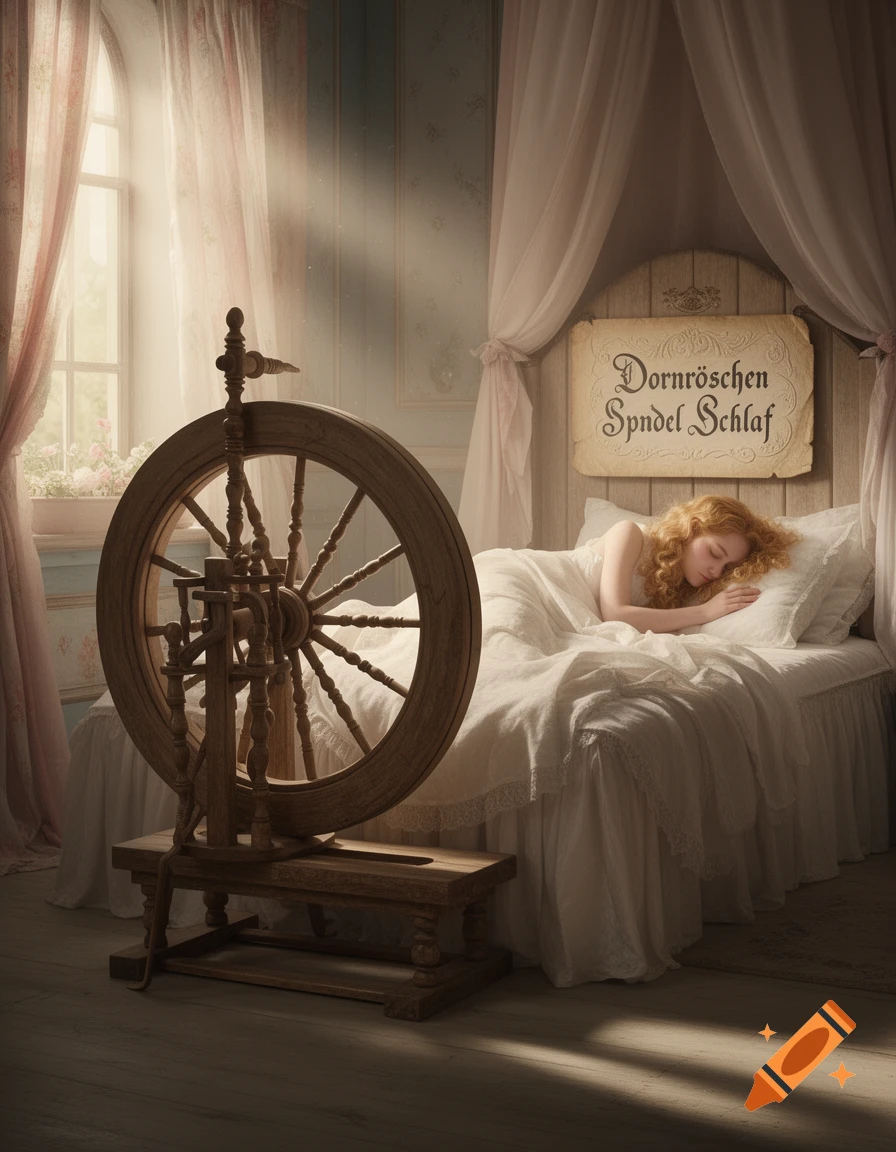 A sleeping woman with red hair lies in a bed next to a large wooden spinning wheel in a sunlit, dreamy bedroom.