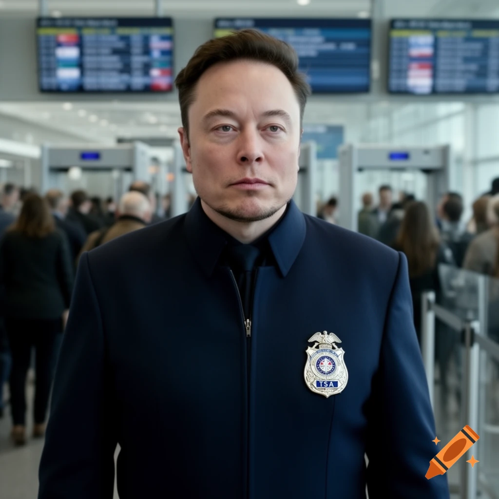 Photorealistic portrait of Elon Musk wearing a TSA uniform in an airport security area.